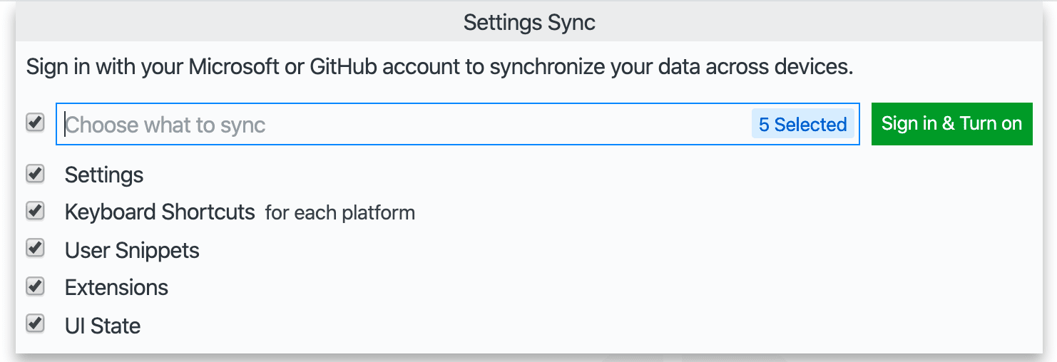 Settings Sync configure dialog